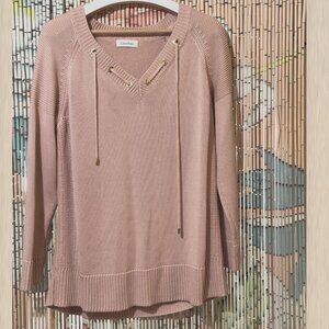 Calvin Klein V-Neck Pullover Sweater with Lace and Grommet Detail, Blush Pink